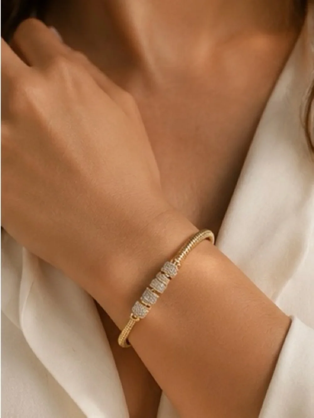 Elegant Gold Pave Bead Bangle Bracelet